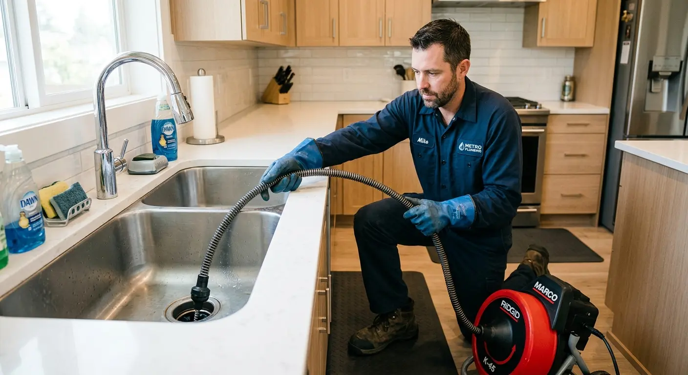 Drain cleaning technician using a motorized snake on a kitchen sink in Van Buren