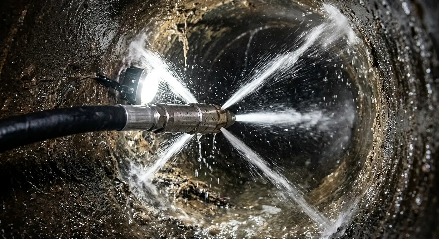 High-pressure hydro jetting nozzle cleaning sewer pipe for Sewer Cleanout in Van Buren
