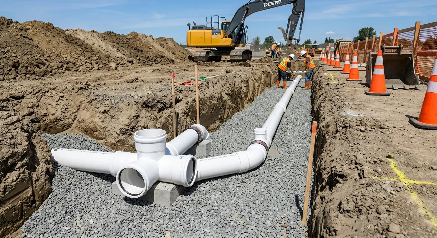 New PVC sewer pipe installation in open trench for Commercial Drain Cleaning in Van Buren
