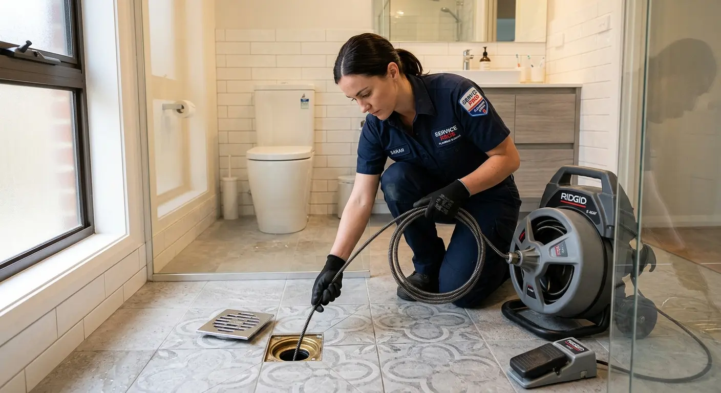 Technician clearing a bathroom floor drain for Sewer Line Replacement in Van Buren